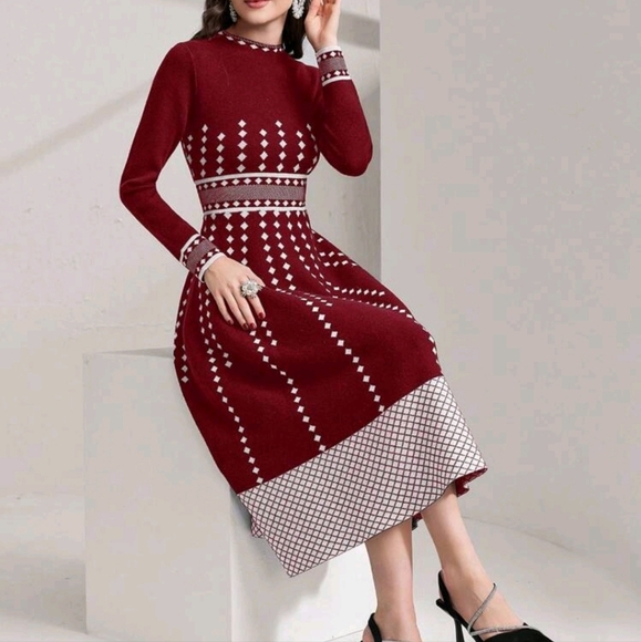 Women's Color Block Geometric Print Long Sleeve Sweater Dress - Picture 5 of 5